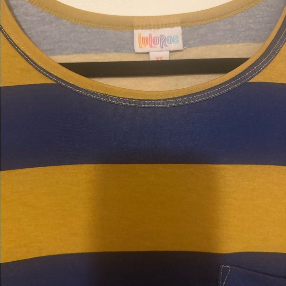 LuLaRoe XS Mustard & Navy Striped High-Low Swing Dress | - Picture 5 of 9